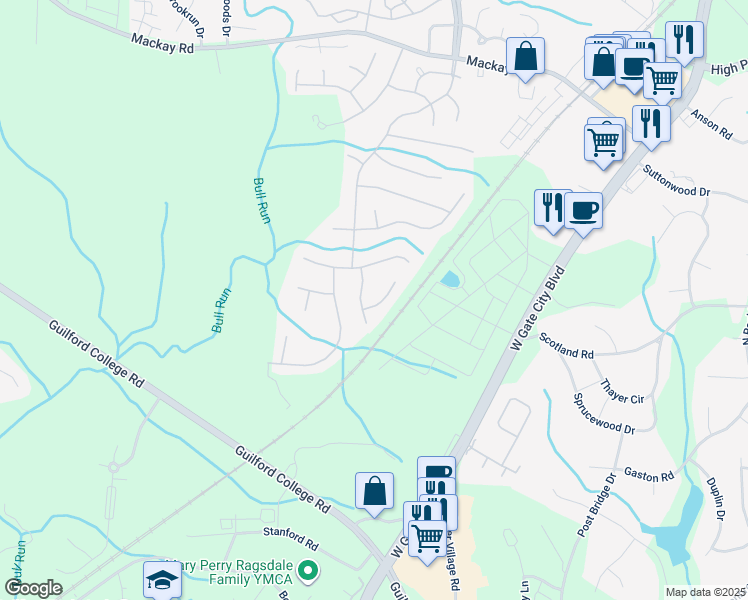 map of restaurants, bars, coffee shops, grocery stores, and more near 5414 Creek Point Court in Greensboro
