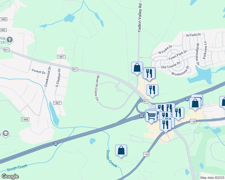 map of restaurants, bars, coffee shops, grocery stores, and more near 329 North Carolina 801 in Bermuda Run