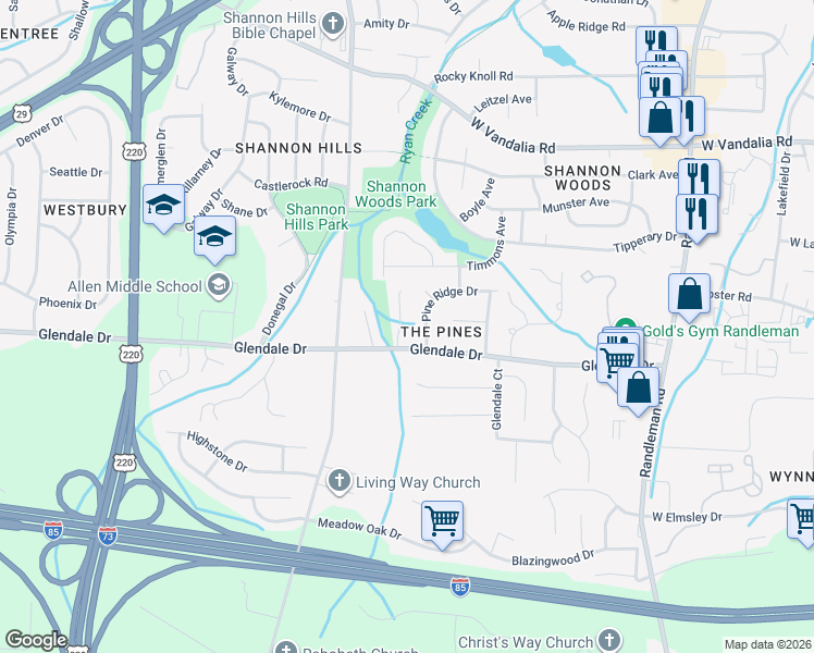 map of restaurants, bars, coffee shops, grocery stores, and more near 8 Loney Circle in Greensboro