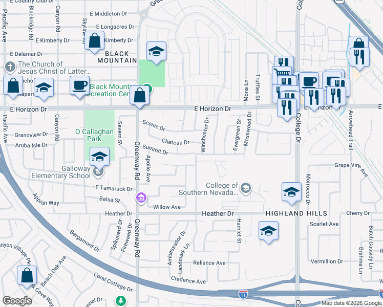 map of restaurants, bars, coffee shops, grocery stores, and more near Summit Drive in Henderson