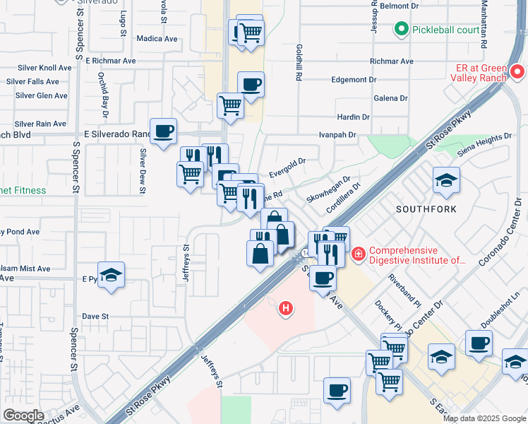 map of restaurants, bars, coffee shops, grocery stores, and more near 2907 Rio Sonora Court in Henderson