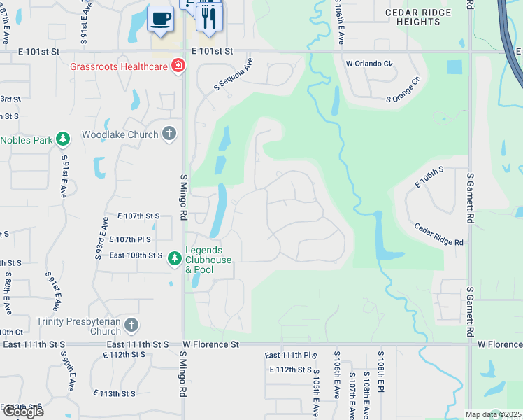 map of restaurants, bars, coffee shops, grocery stores, and more near 4300 South Quinoa Avenue in Broken Arrow