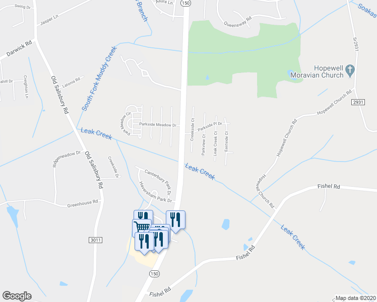 map of restaurants, bars, coffee shops, grocery stores, and more near 4070 Creekside Court in Winston-Salem