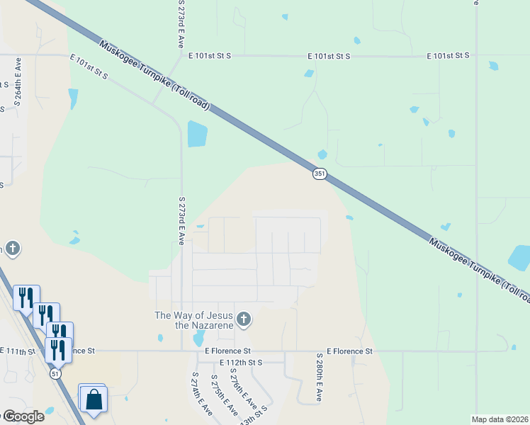 map of restaurants, bars, coffee shops, grocery stores, and more near 10531 South 273rd East Avenue in Coweta