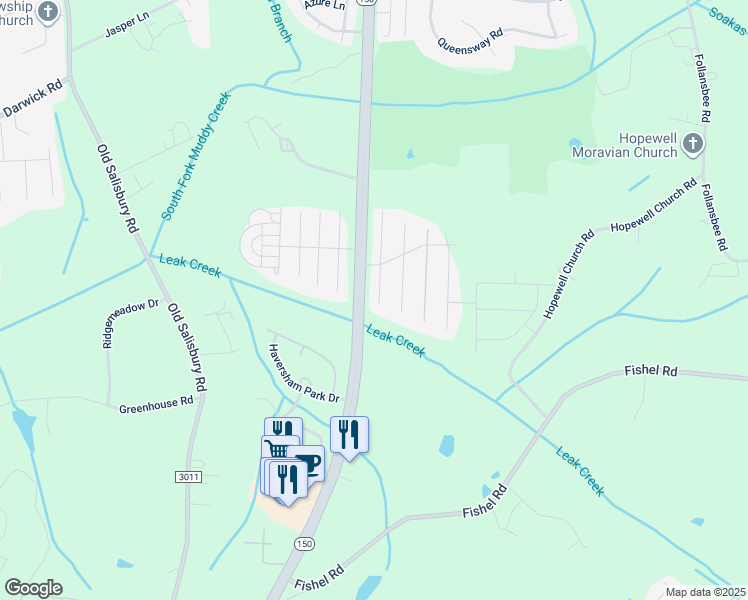 map of restaurants, bars, coffee shops, grocery stores, and more near 4070 Creekside Court in Winston-Salem