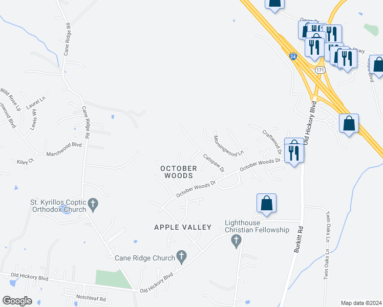 map of restaurants, bars, coffee shops, grocery stores, and more near 308 Catspaw Court in Nashville