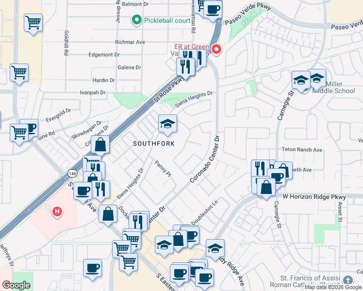 map of restaurants, bars, coffee shops, grocery stores, and more near 2665 Sunday Grace Drive in Henderson