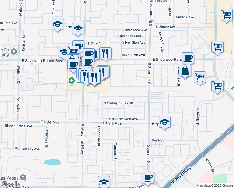 map of restaurants, bars, coffee shops, grocery stores, and more near 1505 Falling Snow Avenue in Las Vegas