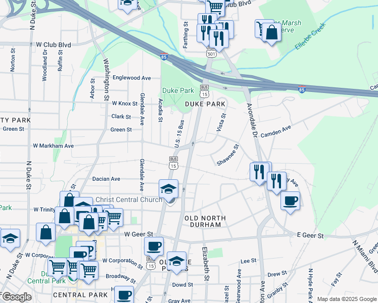 map of restaurants, bars, coffee shops, grocery stores, and more near 1605 North Roxboro Street in Durham