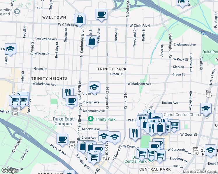map of restaurants, bars, coffee shops, grocery stores, and more near 924 Urban Street in Durham