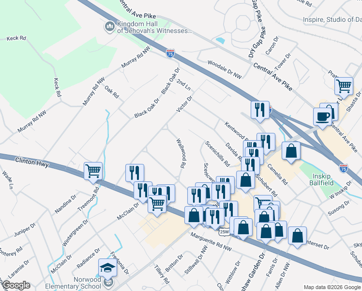 map of restaurants, bars, coffee shops, grocery stores, and more near 5703 Wallwood Road in Knoxville