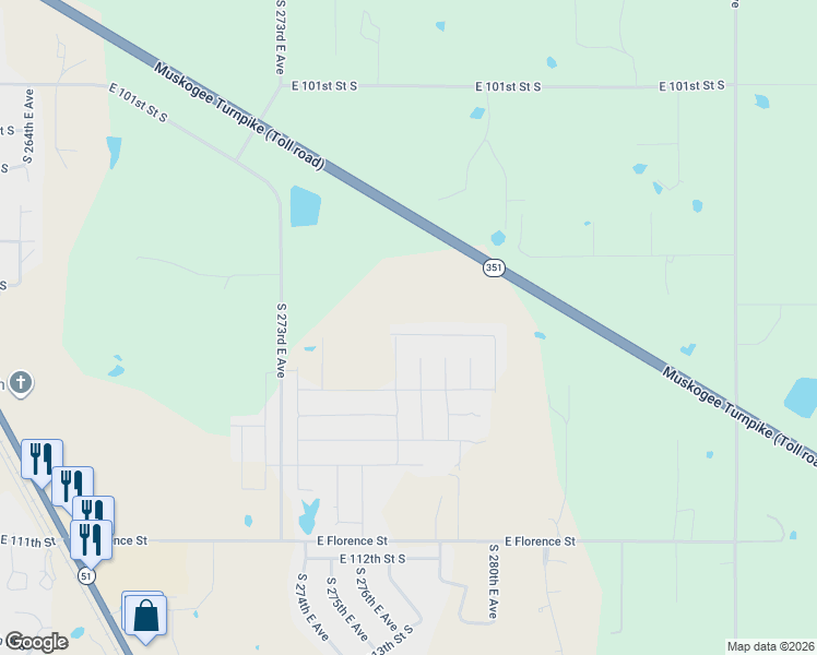 map of restaurants, bars, coffee shops, grocery stores, and more near 10531 South 273rd East Avenue in Coweta
