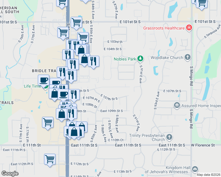 map of restaurants, bars, coffee shops, grocery stores, and more near 8610 East 106th Street South in Tulsa