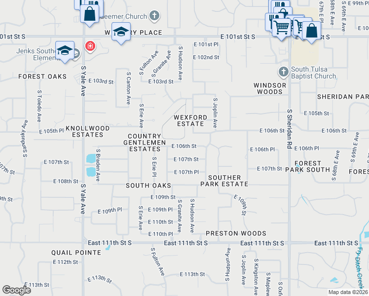 map of restaurants, bars, coffee shops, grocery stores, and more near 5529 East 107th Street in Tulsa