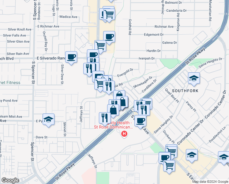 map of restaurants, bars, coffee shops, grocery stores, and more near 2907 Rio Sonora Court in Henderson