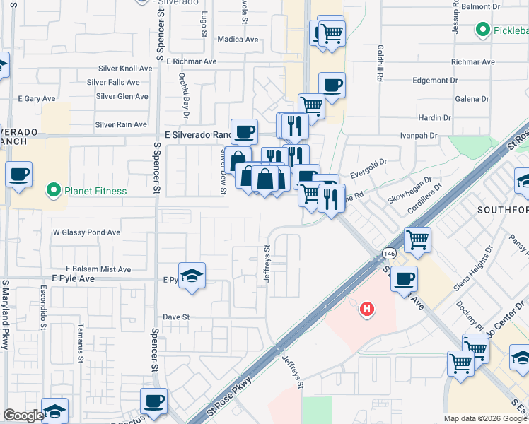 map of restaurants, bars, coffee shops, grocery stores, and more near 9910 Lorian Street in Las Vegas