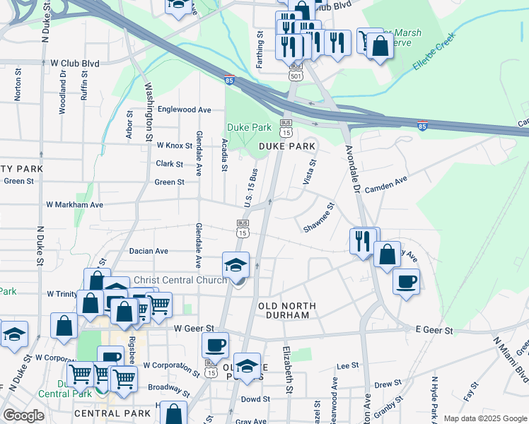 map of restaurants, bars, coffee shops, grocery stores, and more near 1605 North Roxboro Street in Durham