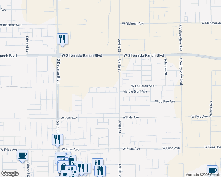 map of restaurants, bars, coffee shops, grocery stores, and more near Arville Street in Las Vegas