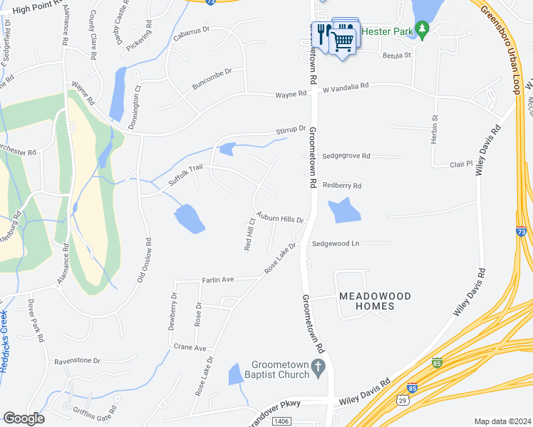 map of restaurants, bars, coffee shops, grocery stores, and more near 4101 Auburn Hills Drive in Greensboro