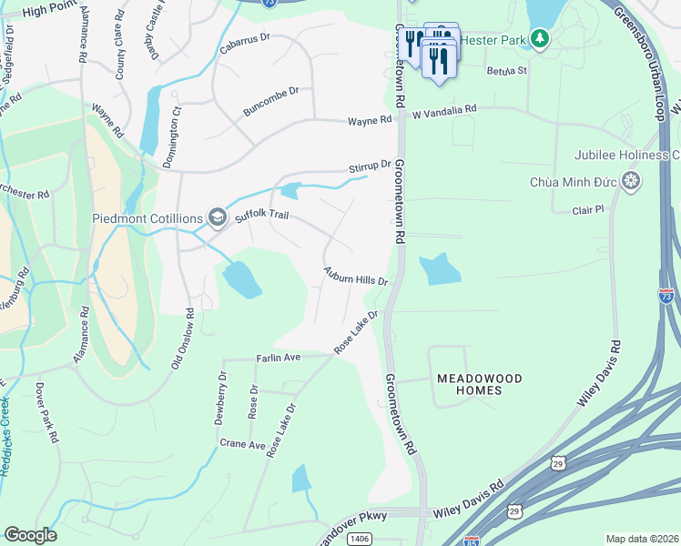 map of restaurants, bars, coffee shops, grocery stores, and more near 3901 Red Hill Court in Greensboro