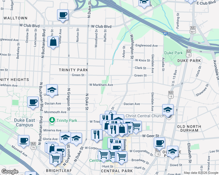 map of restaurants, bars, coffee shops, grocery stores, and more near 703 West Markham Avenue in Durham