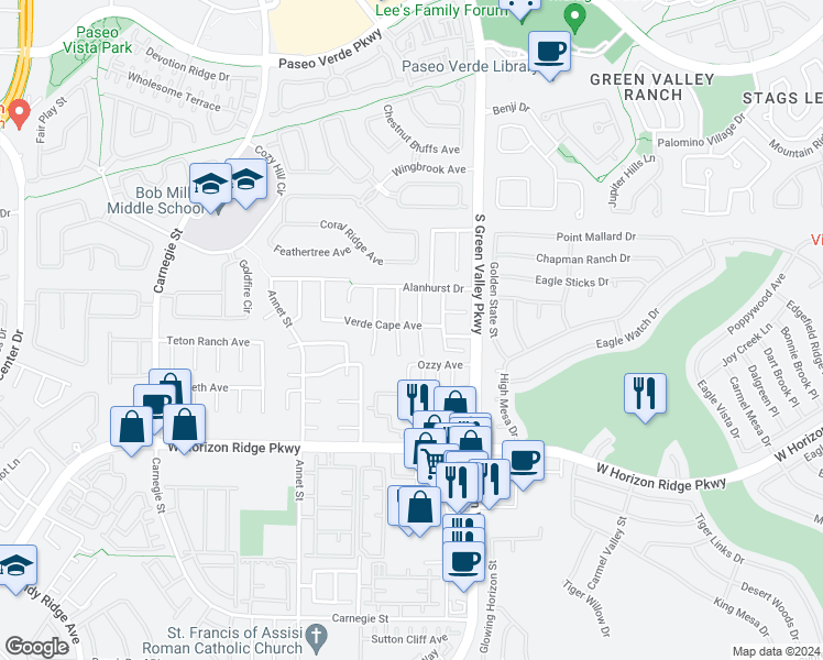 map of restaurants, bars, coffee shops, grocery stores, and more near 503 Melrose Heights Street in Henderson