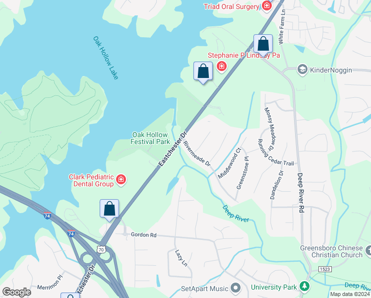 map of restaurants, bars, coffee shops, grocery stores, and more near 2157 Rivermeade Drive in High Point