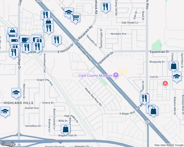 map of restaurants, bars, coffee shops, grocery stores, and more near 993 Equestrian Drive in Henderson