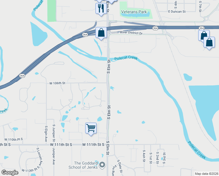 map of restaurants, bars, coffee shops, grocery stores, and more near Jenks Peoria Trail in Jenks