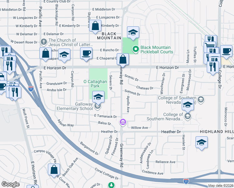 map of restaurants, bars, coffee shops, grocery stores, and more near 633 Severn Street in Henderson