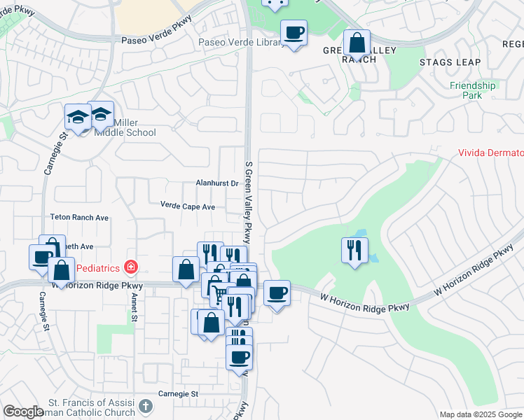map of restaurants, bars, coffee shops, grocery stores, and more near 459 Tatum Ridge Street in Henderson