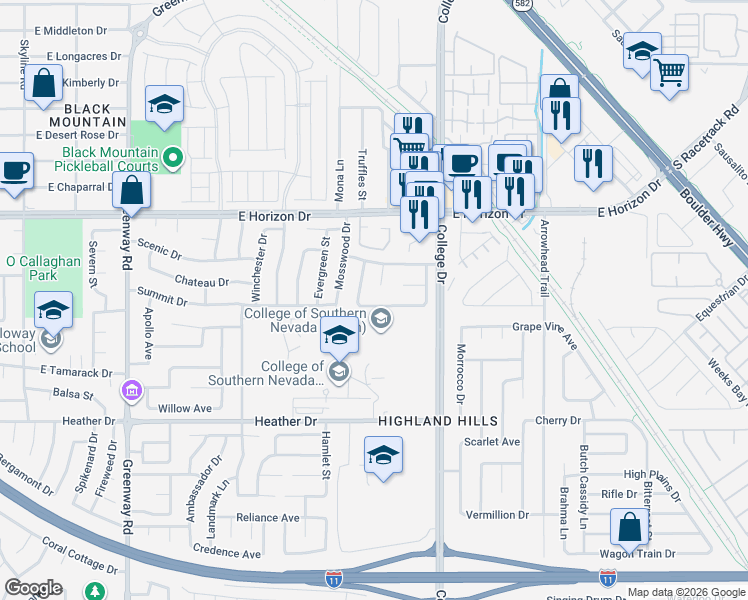 map of restaurants, bars, coffee shops, grocery stores, and more near 637 Glenwood Lane in Henderson