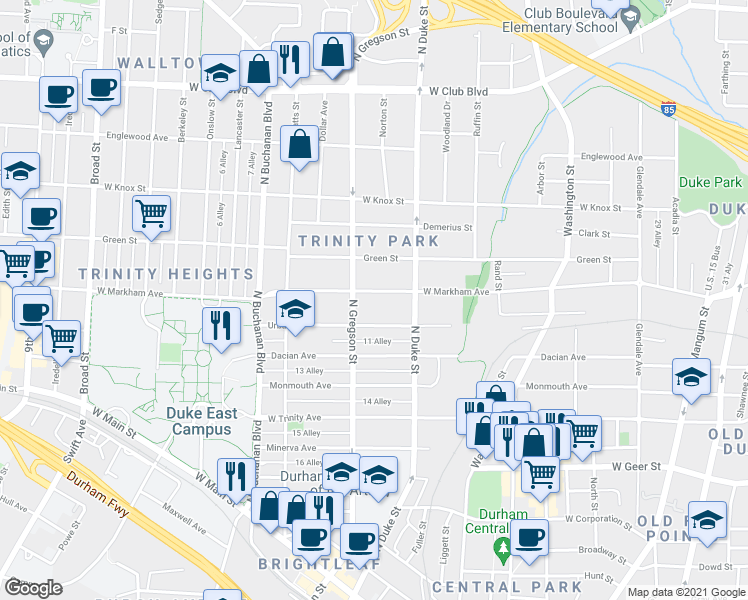 map of restaurants, bars, coffee shops, grocery stores, and more near 924 Urban Street in Durham