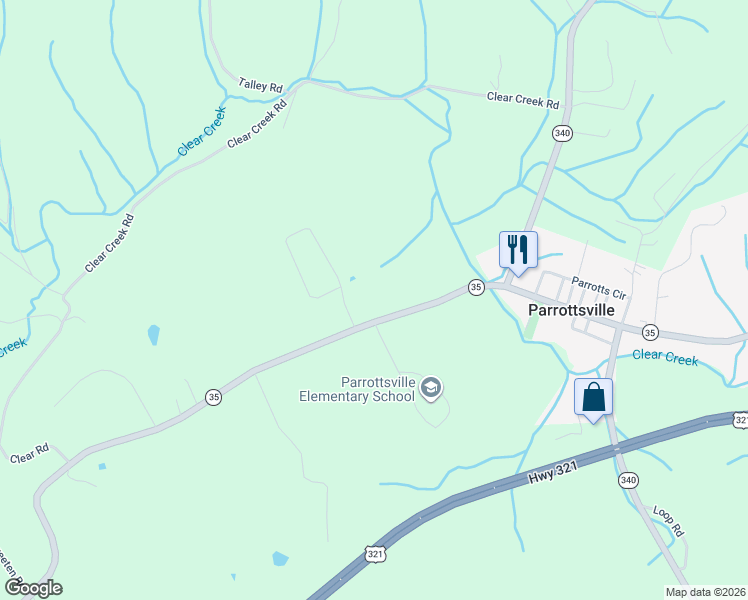 map of restaurants, bars, coffee shops, grocery stores, and more near 102 North Ridge Drive in Parrottsville