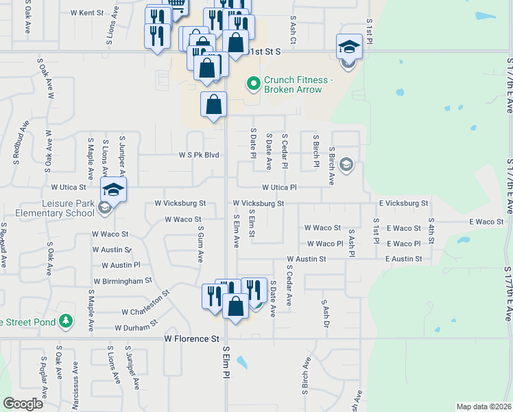 map of restaurants, bars, coffee shops, grocery stores, and more near 4312 South Elm Street in Broken Arrow