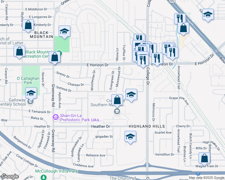 map of restaurants, bars, coffee shops, grocery stores, and more near 624 Evergreen Street in Henderson