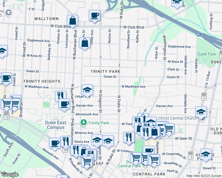 map of restaurants, bars, coffee shops, grocery stores, and more near 913 West Markham Avenue in Durham