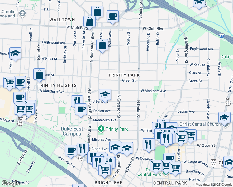 map of restaurants, bars, coffee shops, grocery stores, and more near 909 North Gregson Street in Durham