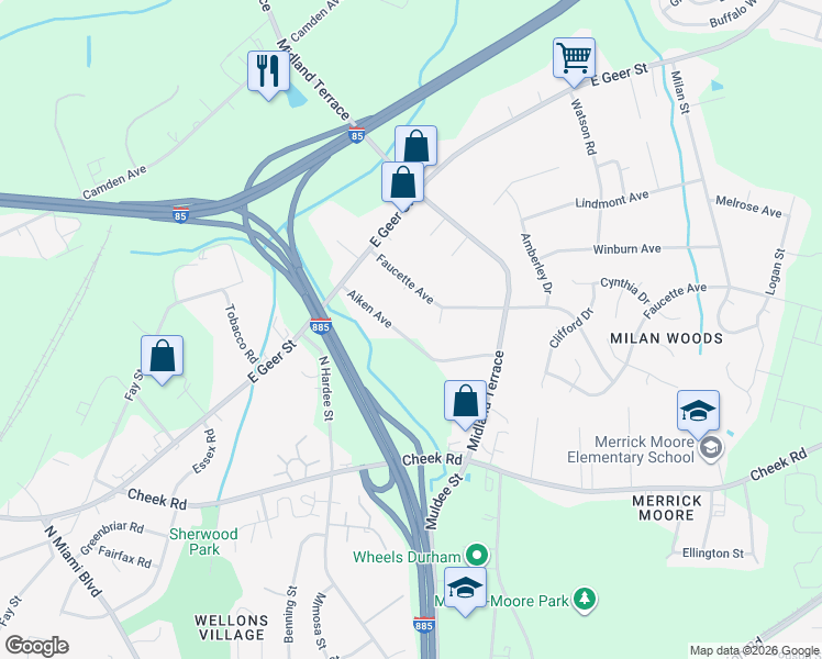 map of restaurants, bars, coffee shops, grocery stores, and more near 2006 Aiken Avenue in Durham