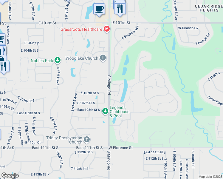 map of restaurants, bars, coffee shops, grocery stores, and more near 6223 West Utica Court in Broken Arrow