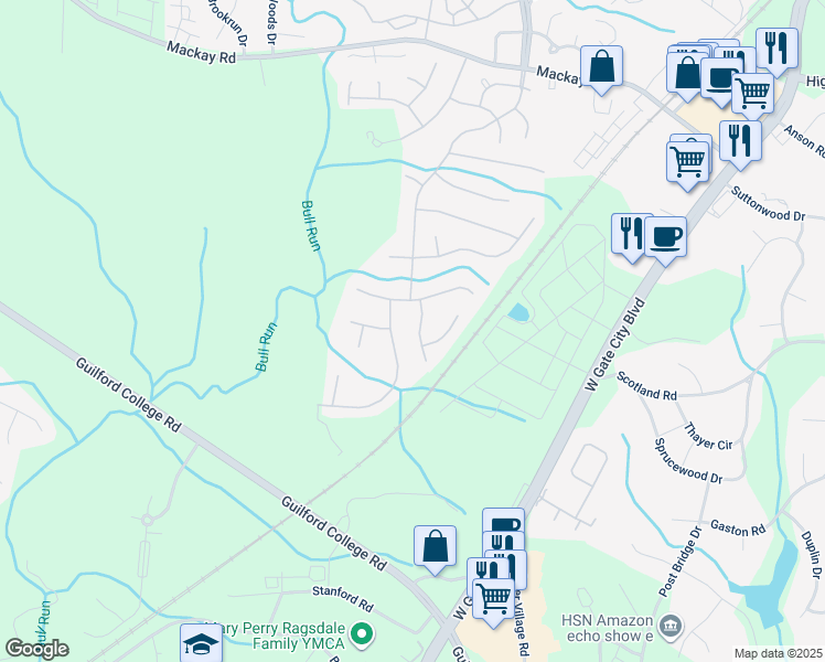 map of restaurants, bars, coffee shops, grocery stores, and more near 3708 Creek Point Way in Greensboro