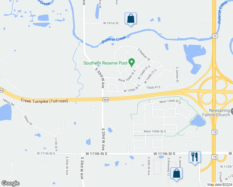 map of restaurants, bars, coffee shops, grocery stores, and more near 4116 West 105th Street South in Jenks