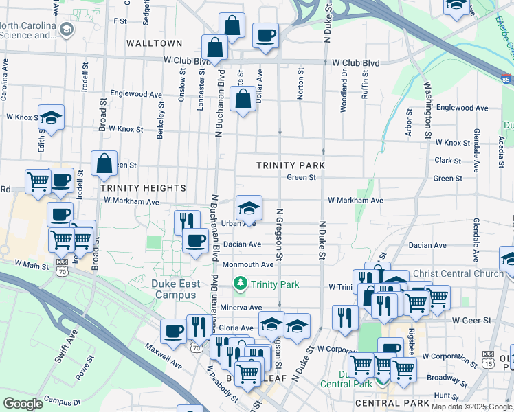 map of restaurants, bars, coffee shops, grocery stores, and more near 1017 West Markham Avenue in Durham