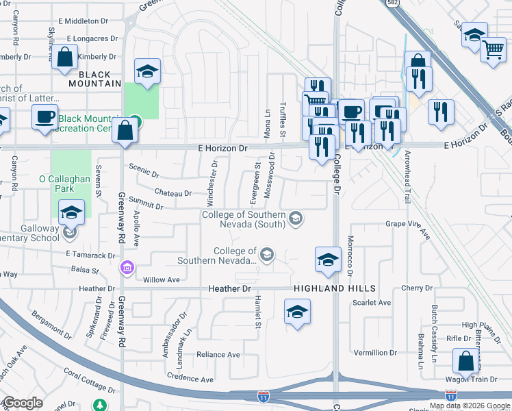 map of restaurants, bars, coffee shops, grocery stores, and more near 624 Evergreen Street in Henderson