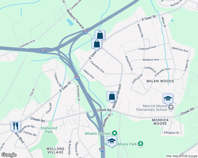 map of restaurants, bars, coffee shops, grocery stores, and more near 2006 Aiken Avenue in Durham
