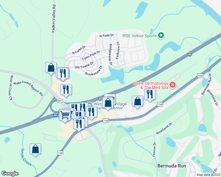 map of restaurants, bars, coffee shops, grocery stores, and more near 157 Pinewood Lane in Bermuda Run