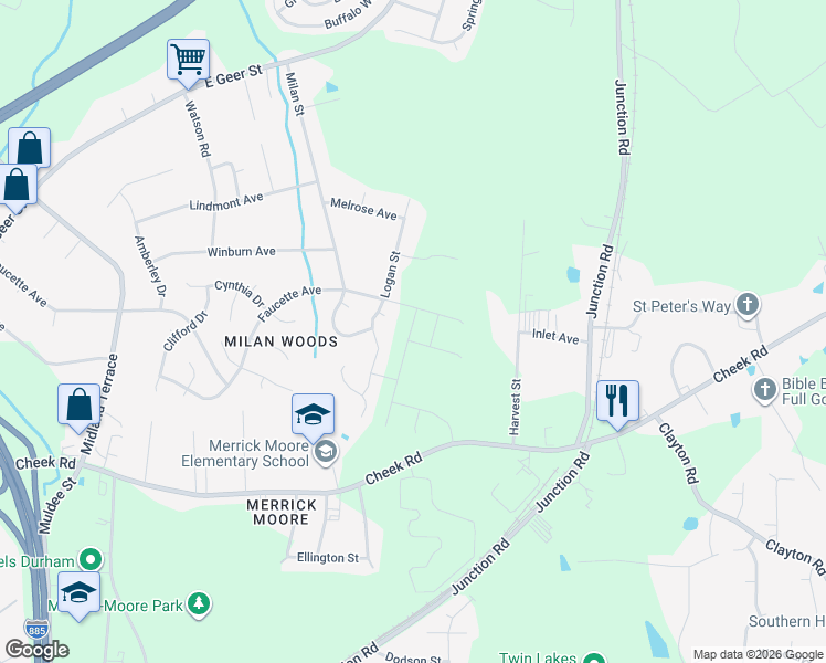 map of restaurants, bars, coffee shops, grocery stores, and more near 1324 Logan Street in Durham