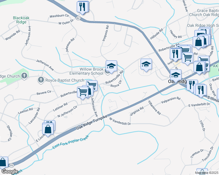 map of restaurants, bars, coffee shops, grocery stores, and more near 306 Jefferson Terminal Road in Oak Ridge