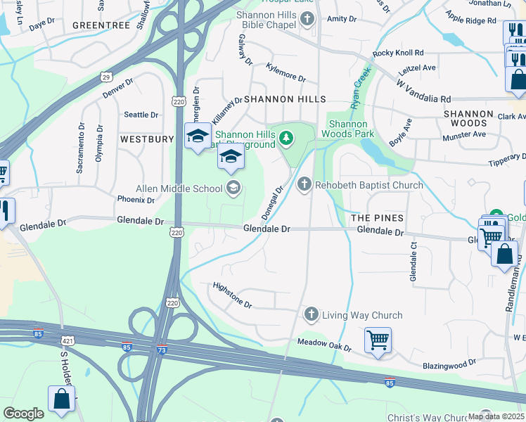 map of restaurants, bars, coffee shops, grocery stores, and more near 4138 Donegal Drive in Greensboro