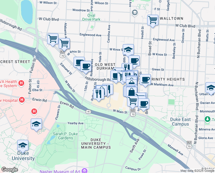 map of restaurants, bars, coffee shops, grocery stores, and more near 2211 Hillsborough Road in Durham